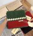 Morbida sciarpa invernale in maglia con elegante motivo a rombi, accessorio caldo. - Verde con Bordo Rosso