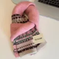 Pink Nordic knit winter scarf detail view, cozy thermal neck warmer for women and couples. - Pink