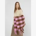 Sciarpa in mohair a quadri rosa e marrone morbida calda invernale con frange per donna elegante. - Quadri Rosa Caffè