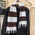 Sciarpa a righe lavorata a maglia colorblock da donna, calda invernale lunga con frange. - Righe Grigio Marrone