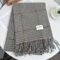 Classic houndstooth winter scarf for women and men, thick warm plaid shawl, cozy fringe design. - Blue Houndstooth