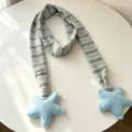 Cute knitted striped scarf with plush star ends, warm winter accessory for women daily wear. - Narrow Stripe Star / Gray