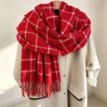 Red plaid metallic thread scarf, cozy imitation cashmere winter warm shawl detail view. - Red Metallic Plaid