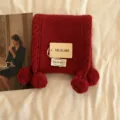 Red knit wool scarf with cute pom poms for women, warm winter knitted tassel wrap. - Red