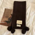 Brown knit winter scarf with pom pom details, cute and warm student fashion accessory. - Dark Brown