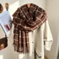 Brown Plaid Cashmere-Feel Winter Scarf with Fringe Detail for Women Warm Cozy Neck Wrap - Brown Metallic Plaid