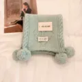 Soft solid color pom-pom knit scarf for women, trendy cozy winter warm knitted woolen shawl. - Light Green