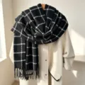 Donna inverno caldo nero bianco quadri frange sciarpa spessa imitazione cashmere elegante - Nero Metallico Quadri