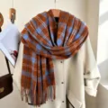 Chic imitation cashmere plaid scarf featuring orange and blue checks for women and men. - Coffee Blue Plaid with Double White Lines