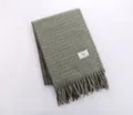 Detailed view of green plaid winter scarf featuring decorative fringes and soft textured fabric. - YB Green Beige Fine Plaid