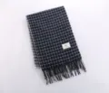 Close-up detail shot of the soft navy blue plaid scarf featuring chic fringe and brand label. - YB Navy Beige Fine Plaid
