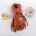 Detailed view of thick double-sided cashmere-feel winter scarf with elegant tassels and tag. - Sweet Show Red