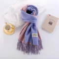 Detailed view of a thick double-sided imitation cashmere scarf with tassels and label. - Sky Blue Pink