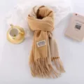 Thickened double-sided cashmere-feel winter warm scarf for women, trendy long tassel design. - Khaki Rice