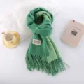 Thickened double-sided imitation cashmere scarf with fringe, warm winter solid color shawl. - Bamboo Green