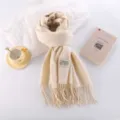 Thickened imitation cashmere solid color scarf with fringe, cozy winter warm long shawl for women. - Cream Rice