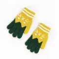 Kids winter warm knitted gloves with cute cat face design, yellow and green color blocking. - 1 Pair/Pack / Yellow-Green