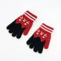 Detail view of kids winter knit gloves with cute cat face jacquard and striped cuffs. - 1 Pair/Pack / Black Red
