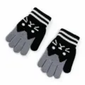 Detail view of children's winter knit gloves featuring a cute cat face design and stripes. - 1 Pair/Pack / Black and Gray
