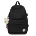 Black canvas backpack for women school bag casual daypack with cute plush pendant - Single Bag / Black