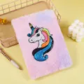 Cute fluffy unicorn plush notebook with sparkling sequin cover for girls and kids daily use. - A5 / White
