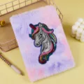 Plush unicorn notebook detail view, cute fuzzy diary cover with glittering sequins. - A5 / Gray