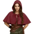 Red short hooded cape for Halloween party, vintage lace-up costume cloak for women detail view - One Size / Burgundy