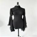 Exquisite black lace shrug detail featuring long bell sleeves and elegant court style collar design. - Black