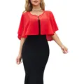 Detail shot of the elegant red chiffon cape shrug paired with black dress, perfect for summer. - Red / One Size
