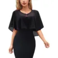 Close-up detail of the lightweight black chiffon cape, featuring sheer fabric and delicate closure. - Black / One Size