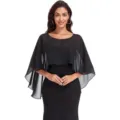 Capa chal de gasa negra mujer elegante ligera transparente vestido de noche detalle vista - Negro