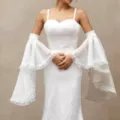 Elegant white sheer mesh detachable sleeves with delicate lace ruffles for wedding dress. - One Size / Ivory