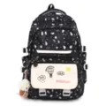 Black and white printed student backpack with ice cream pendant and spacious compartments. - Single Bag / Black