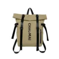 Khaki roll-top backpack with black straps, large capacity casual travel school bag. - Khaki