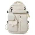 Casual multi-pocket beige backpack with round coin pouch for daily school travel use. - White