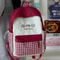Cute Japanese style college backpack for women with red and white plaid and polka dot patterns. - Red