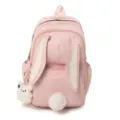 Pink cute bunny ears backpack with plush tail for school and casual daily use, sweet style. - Single Bag / Pink
