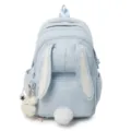 Cute light blue rabbit ears backpack for girls, stylish school bag with fluffy tail keychain. - Single Bag / Blue