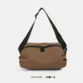 Brown crossbody sports bag, lightweight casual shoulder bag with black strap and double zippers. - Coffee