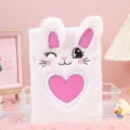 Cute plush notebook with bunny ears and sparkly heart design for student daily journaling notes. - A5 / White