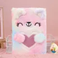 Cute fluffy plush notebook with adorable bear face and sparkly heart design for girls daily diary. - A5 / Light Tie-dye