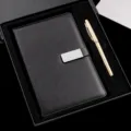 A5 black leather notebook and gold metal pen set in gift box, business office stationery. - A5 / Black Gift Box