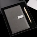 A5 business leather notebook set with magnetic buckle and golden pen in gift box. - A5 / Gray With Gift Box