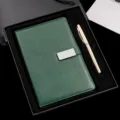 A5 green leather notebook with metal clasp and gold pen gift set for business office use. - A5 / Green (Gift Box)