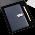 Blue A5 Leather Notebook with Magnetic Buckle and Gold Metal Ballpoint Pen Gift Set Box - A5 / Dark Blue Gift Boxed