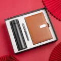 Business gift set including A5 leather notebook, metal pen and thermos bottle in gift box. - A5 / Brown 3-Piece Gift Set