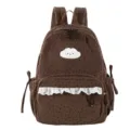 Cute brown corduroy backpack for women girls, sweet polka dot school bookbag with lace trim. - L / Brown