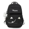 Black cat ear school backpack with plush bear pendant and cute embroidery details for daily use. - Single Bag / Black