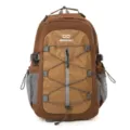 Casual brown backpack with large capacity, grid pattern, side pockets, and durable design. - Coffee