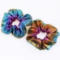 Metallic rainbow fabric hair scrunchies, holographic laser elastic hair ties for women and girls. - Blue Brown